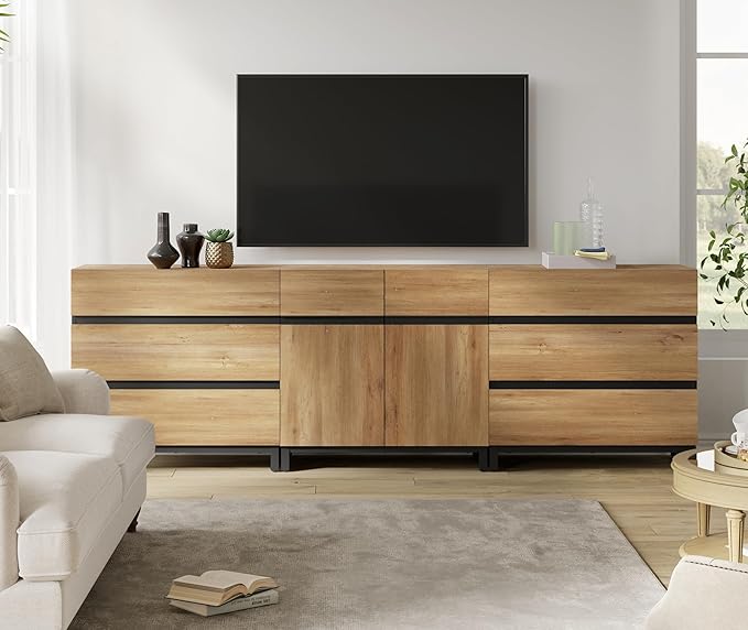 WAMPAT Modern TV Stand for TVs up to 100 Inch, 3-in-1 TV Console with Adjustable Shelves and 6 Drawers, Media Console for Living Room and Bedroom, Oak