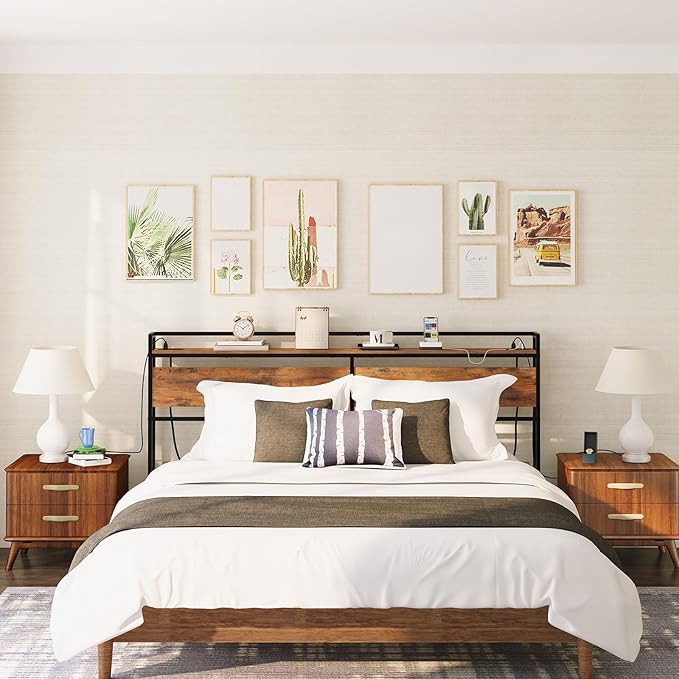 HOOBRO King Size Headboard, Headboard with 2 Outlets and 4 USB Ports, Adjustable Height, Storage Rack, Sturdy and Stable, Easy Assembly, Rustic Brown and Black