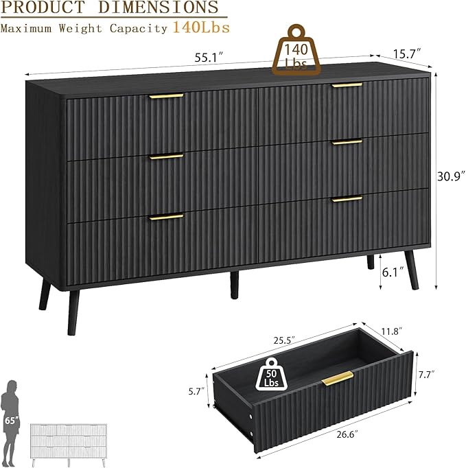 CARPETNAL Fluted 6 Double Drawers Dresser for Bedroom, 55”Wide Modern Chest of Drawers with Deep Drawers,Curved Profile Design, Wood Drawer Organizer for Living Room, Hallway, Black