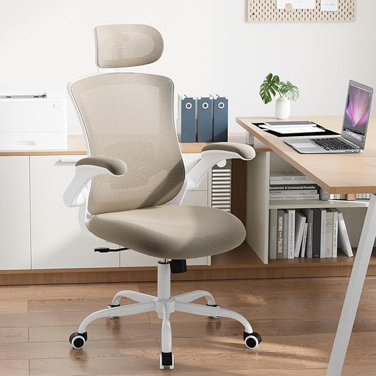 High Back Office Chair with Adjustable Lumbar Support & Headrest, Ergonomic Mesh Desk Chair with Flip-Up Armrests, Breathable & Comfortable Computer Chair for Home, Office & Study, Khaki