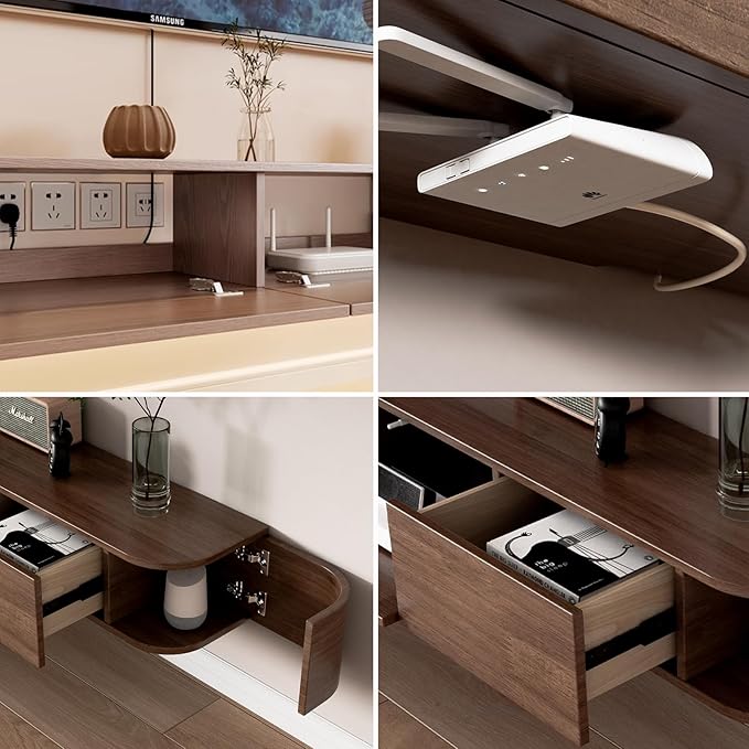 Floating TV Stand,Wall Mounted TV Shelf,Modern Entertainment Center Media Console with Storage for Bedroom,Living Room (Walnut-Led, 86.6IN)