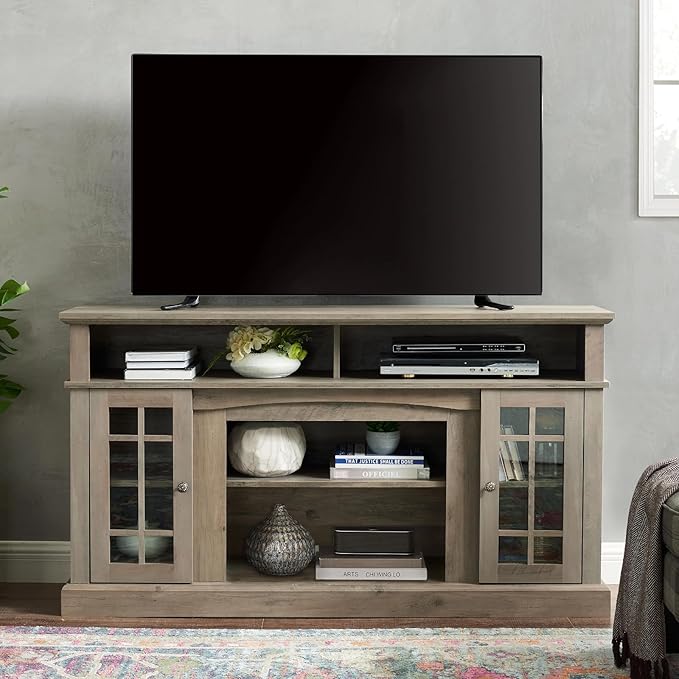 HMFULE 58" TV Stand with Storage for 55 60 65 inch Television, Entertainment Center 2 Glass Doors & Adjustable Shelves, Engineered Wood Modern Farmhouse Living Room Bedroom Furniture (Gray Wash)
