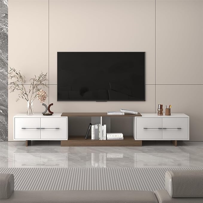 Extendable TV Stand, Modern TV Console for Up to 120 Inch TV, Entertainment Center with 4 Large Drawers & Open Shelf, Media Console for Living Room - White & Walnut (Extendable 74.80"-102.36")