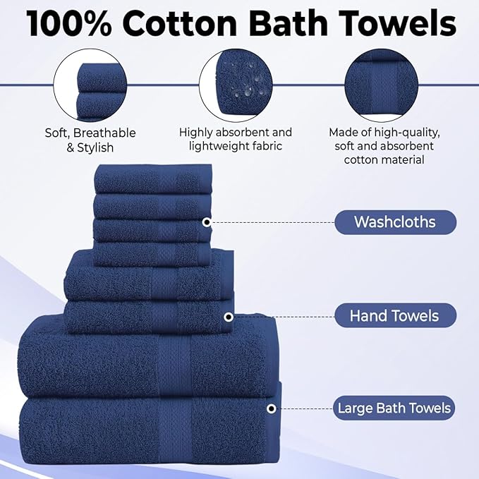 Pack of 8 Towels Set, 2 Large Bath Towels, 2 Hand Towels, 4 Wash Cloths, 100% Cotton, Lighter Weight, Quicker to Dry, Super Absorbent, Perfect for Bathroom (Navy)