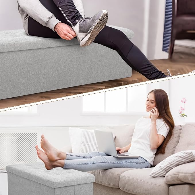 Athena Collection Ottoman Bench with Storage, 43 Inches Large End of Bed Storage Ottoman Bench, 130L Load 220 Lbs Linen Foot Rest for Bedroom, Living Room, Entyway, Light Gray