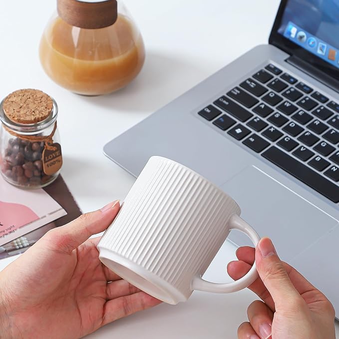 Coffee Mugs Set of 4, 12 OZ Ceramic Coffee Mugs with Handle, Vertical Stripes Coffee Cups Set for Latte/Tea/Cocoa/Milk, Microwave and Diahwasher Safe (White)