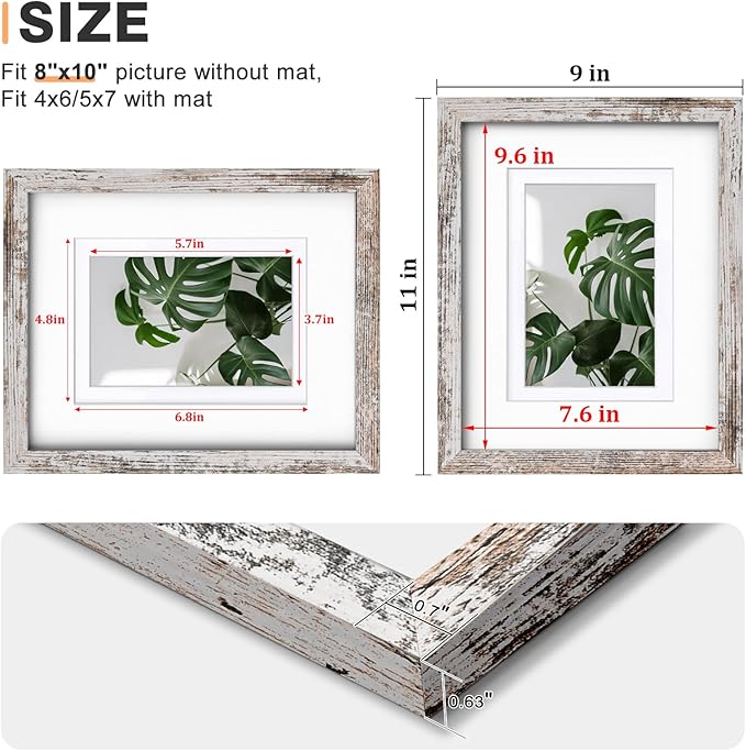 Egofine 8x10 Picture Frame Made of Solid Wood Covered by Plexiglass, Display Pictures 4x6/5x7 with Mat or 8x10 Without Mat for Table Top Display and Wall Mounting Photo Frame, Rustic White