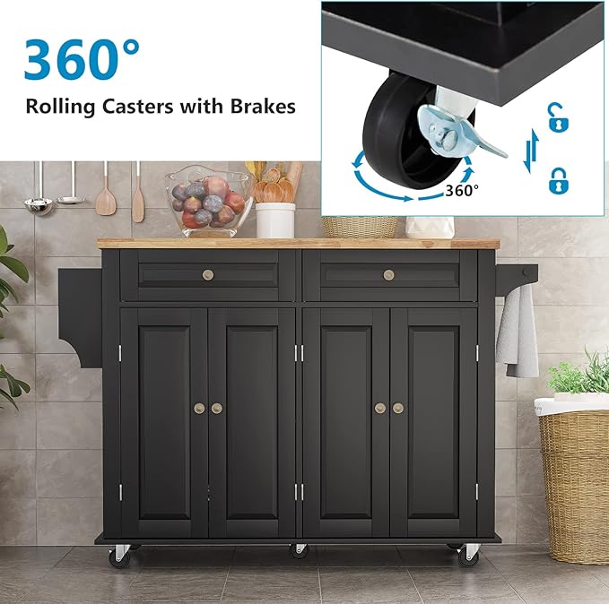 Rolling Kitchen Island with Drop Leaf – Movable Kitchen Carts on Wheels Island with Storage Cabinet, Island Table for Kitchen with Rubber Wood Top and Rack and Drawer, Matte, Black