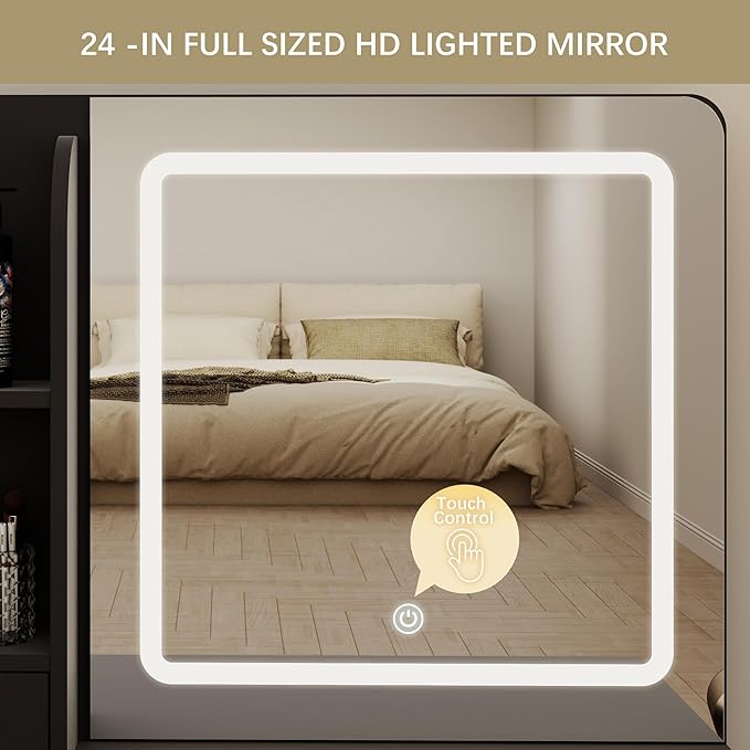 Vanity Desk with Mirror and Lights, 3 Adjustable Lighting Makeup Vanity Desk with 3 Storage Shelves, 5 Large Drawers and Power Outlet, Black Vanity with Chair for Bedroom