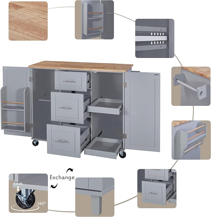Rolling Mobile Kitchen Island Cart with Door Internal Storage Rack & Tower Rack, 3 Drawers and 2 Slide-Out Shelves for Dining Room