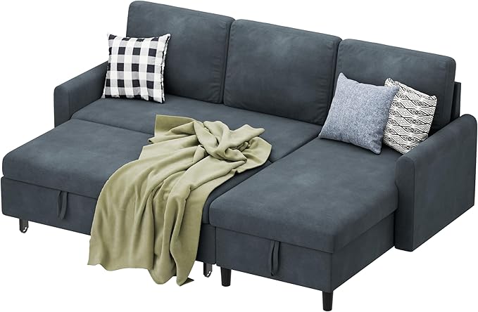 Shintenchi Sofa Couch, Sofa Bed- 2 in 1 Pull Out Couch Bed with Storage Chaise for Living Room, Sofa Bed Sectional Sofa Couch Linen Couch (Blue Grey)