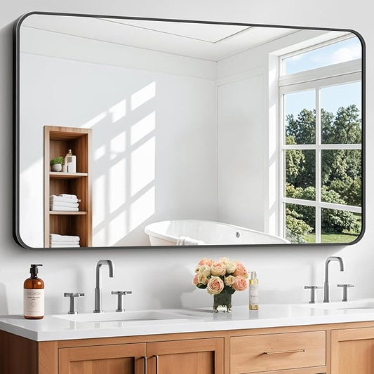 Bathroom Mirror, 55x36 inch Black Rectangle Wall Mirror, Metal Frame Rounded Corner Vanity Mirror, Large Wall Mounted Mirrors for Over Sink Bedroom Living Room Horizontal Or Vertical Mounting