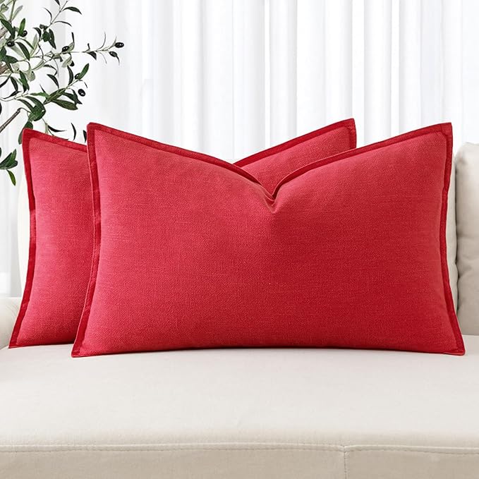 MIULEE Decorative Linen Lumbar Pillow Covers 12x20 Inch Red Boho Farmhouse Neutral Couch Throw Pillows for Bed Pack of 2 Accent Modern Pillowcase Sofa Livingroom Home Decor