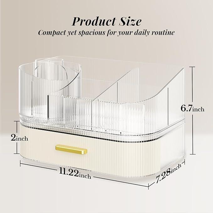 Delamu Makeup Organizer for Vanity with Stackable Drawers, 360 Rotating Makeup Brush Holder Large Cosmetic Display Case for Dresser, Bathroom Countertop Skincare Organizers and Storage, Elegant White