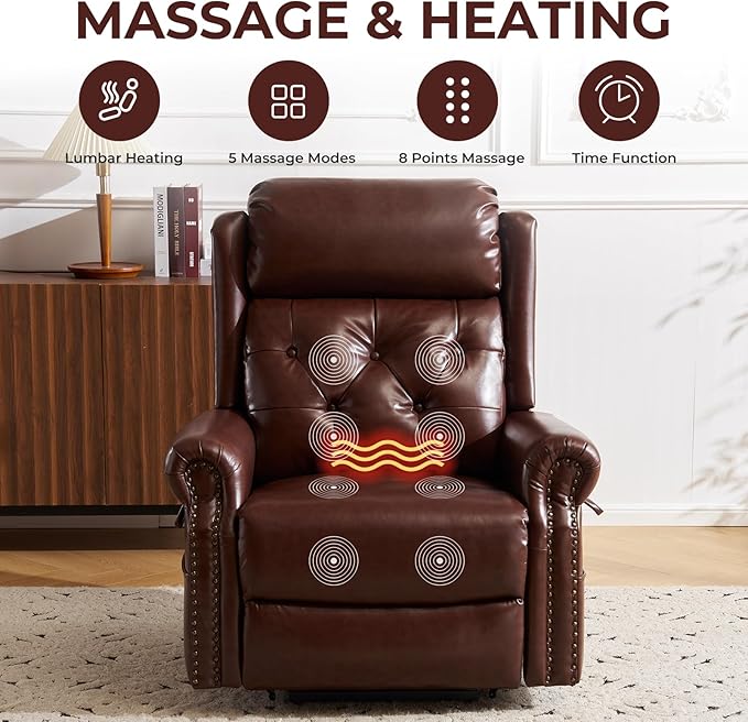 Power Lift Recliner Chair for Elderly with Adjustable Headrest,Electric Lift Chair with Massage and Heat, Lay Flat Recliner for Big and Tall,Brown