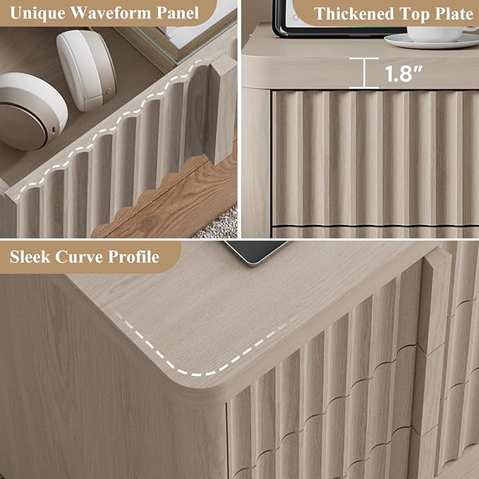 Fluted Dresser for Bedroom, 48" Tall 6 Drawer Dresser, Modern Chest of Drawers with Solid Wood Handle, Curved Profile Design, Wood Dressers Storage Organizer, Living Room, Hallway, Natural Oak