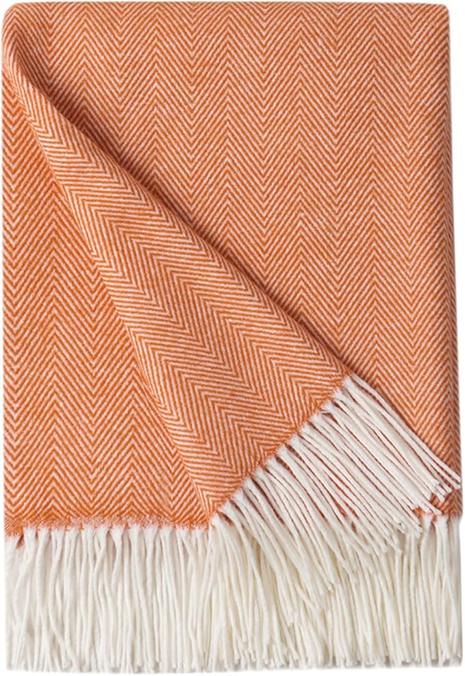 BOURINA Decorative Herringbone Faux Cashmere Fringe Throw Blanket Lightweight Soft Cozy for Bed or Sofa Farmhouse Outdoor Throw Blankets, 50" x 60" Orange