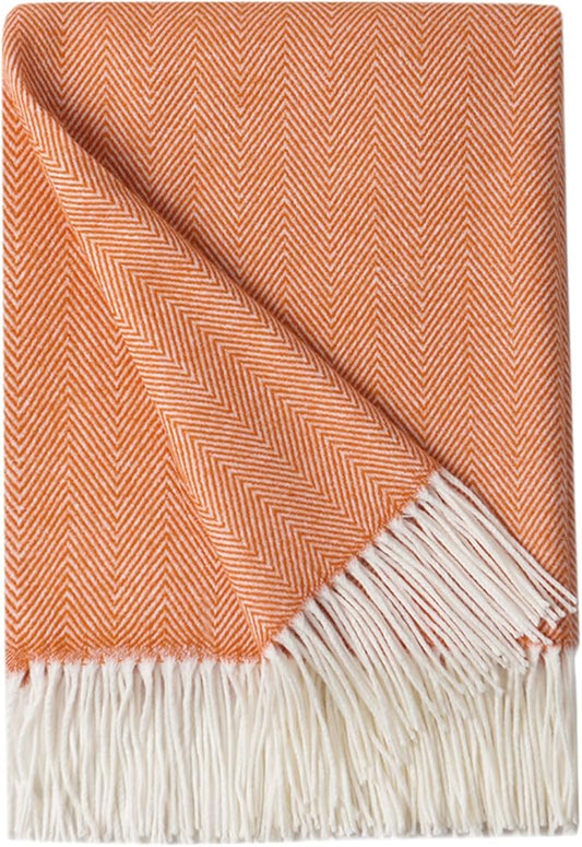 BOURINA Decorative Herringbone Faux Cashmere Fringe Throw Blanket Lightweight Soft Cozy for Bed or Sofa Farmhouse Outdoor Throw Blankets, 50" x 60" Orange