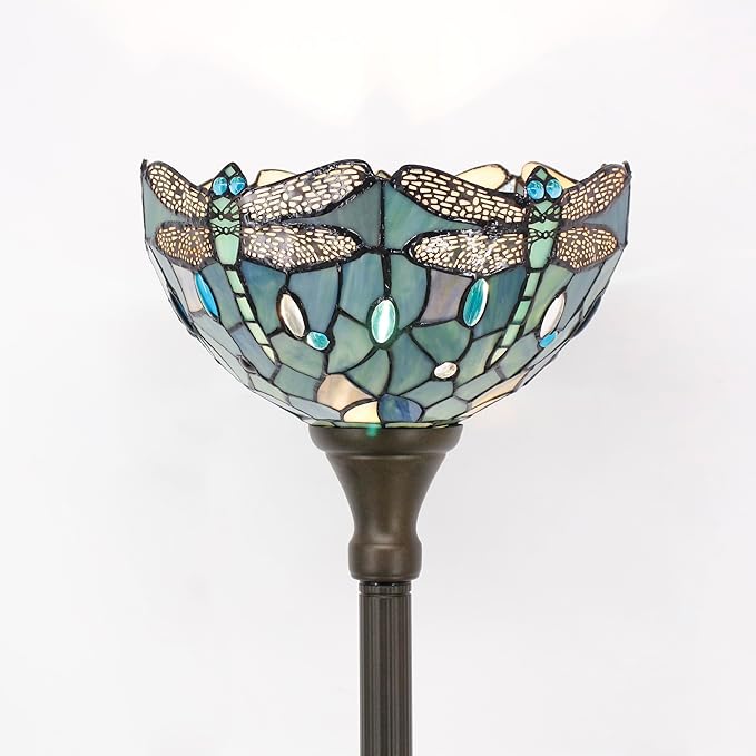 Tiffany Floor Lamp Sea Blue Torchiere Stained Glass Dragonfly Style Torch Lamp 12X12X67 Inch Antique Standing Corner Light