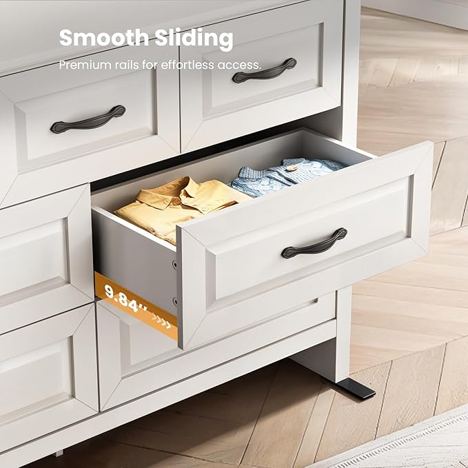 Amada Farmhouse 7 Drawer Dresser for Bedroom, 47.2 Inch Wide Wood Dresser with Natural Texture, Large Drawers, Rustic Farmhouse Chest of Drawers for Bedroom, Living Room, Hallway, White