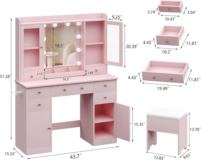 Vanity Desk with Mirror and Lights, Pink Vanity Mirror with Lights Desk and Chair &7 Drawers, Cabinets Makeup Vanity Table with with Stool for Bedroom 3 Lights Mode and Brightness Adjusted