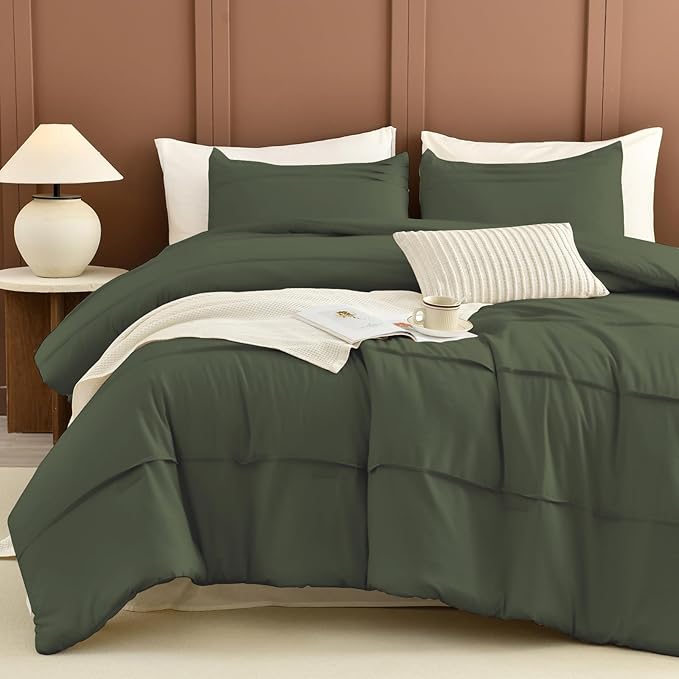 Sanracie Cotton Comforter Set Queen Size(90"x 95"),Olive Green Color Pinch Pleated Bed Comforter for All Season,3Pcs Soft Breathable Bedding Comforter Sets
