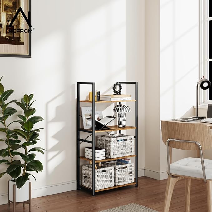 Book Shelf, Adjustable 4-Tier Tall Bookshelf, Wooden Bookcase Shelves for Bedroom, Living Room, Display Shelf for Home, Office, Kitchen, Standing Shelving Unit Storage Organizer BC-BR-4