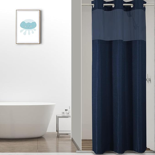 Colorful Star Small Stall Waffle Weave Shower Curtains, 256GSM Heavy Duty Shower Curtain with Snap in Fabric Liner, Hotel Style No Hook Waterproof Bathroom Curtain Set, 36 x 75 Inch, Navy Blue