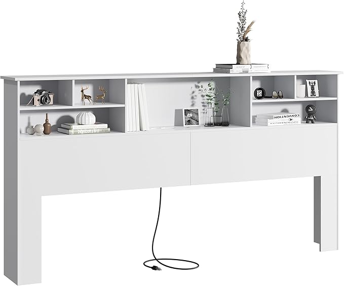 King Size Headboard for Bedroom, Stylish Bookcase Headboard with Built-in Charging Station & 2 LED Lights, Engineered Wood Headboards, Noise-Free HeadBoard King Size with Storage, White