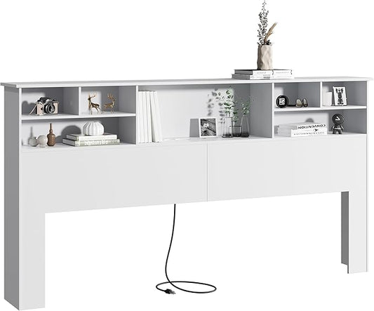 King Size Headboard for Bedroom, Stylish Bookcase Headboard with Built-in Charging Station & 2 LED Lights, Engineered Wood Headboards, Noise-Free HeadBoard King Size with Storage, White