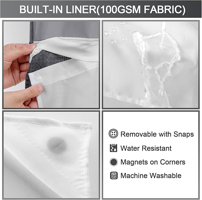 YellyHommy No Hook Shower Curtain with Snap in Liner Set Less Waffle Shower Curtain for Bathroom (Dark Grey, 87" L x 72" W)