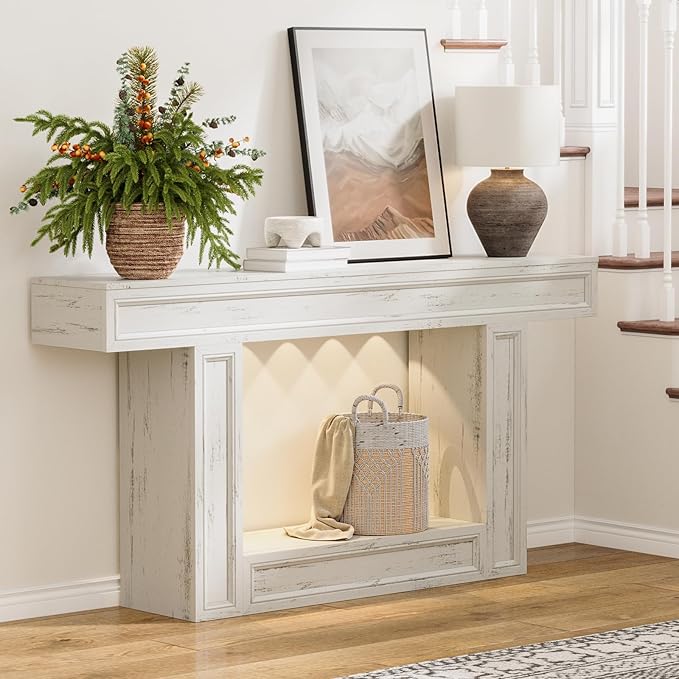 Rresyet 63" Console Table, 2-Tier Entryway Table with Sensor Lights, Coffee Table Behind The Sofa, with U-Shaped Base Suitable for Entryways, Living Rooms, Corridors, and Foyers(White)