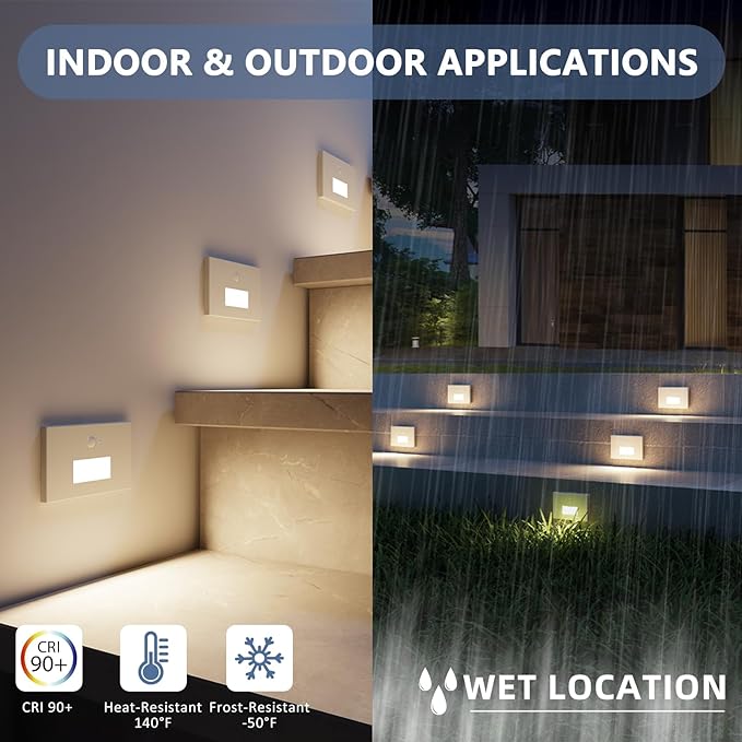 12 Pack Motion Sensor Stair Lights Indoor Outdoor, 120V Hardwired Motion Activated Step Lights, 4W 300LM Dimmable Staircase Light, 5CCT Stairway Light, 2700K/3000K/4000K/5000K/6500K, ETL, White