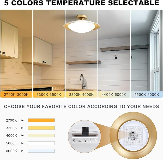 Dimmable Mid Century Modern Semi Flush Mount Ceiling Light with Acrylic Shade,White Gold LED Ceiling Light,5CCT 2700K-6000K Light Fxiture for Hallway Bedroom Kitchen Laundry Room Living Room 15.7 in