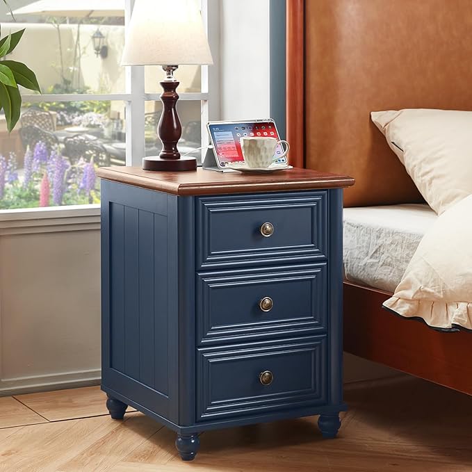 18" Farmhouse Night Stand Set 2 with Charger Station, Blue 2 & 3 Drawers Wood Nightstand, Bedside End Table with Storage and Roman Column, Bed Side Tables Cabinet for Bedroom, Living Room, and Closet