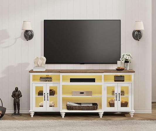 WAMPAT Farmhouse TV Stand with Yellow LED Light, 4-Door Glass Wood Entertainment Center with 9 Storage Cabinets, Media Console Table for Living Room Bedroom，70'', Antique White