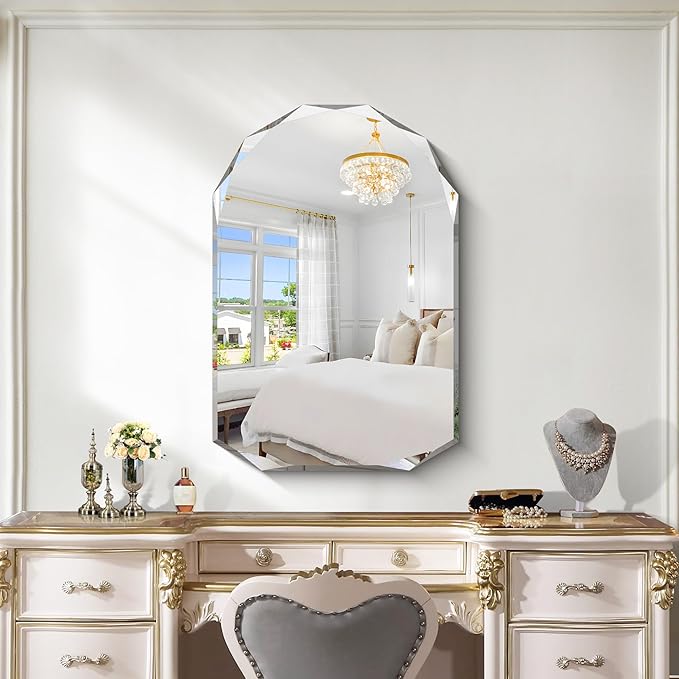 KOCUUY 26"x38" Frameless Mirror, Arched Shape with Diamond-Shaped Beveled Edge,Unframed Decorative with Upgraded Shatterproof Glass,Unique Frameless Mirror for Bathroom,Living Room,Bedroom