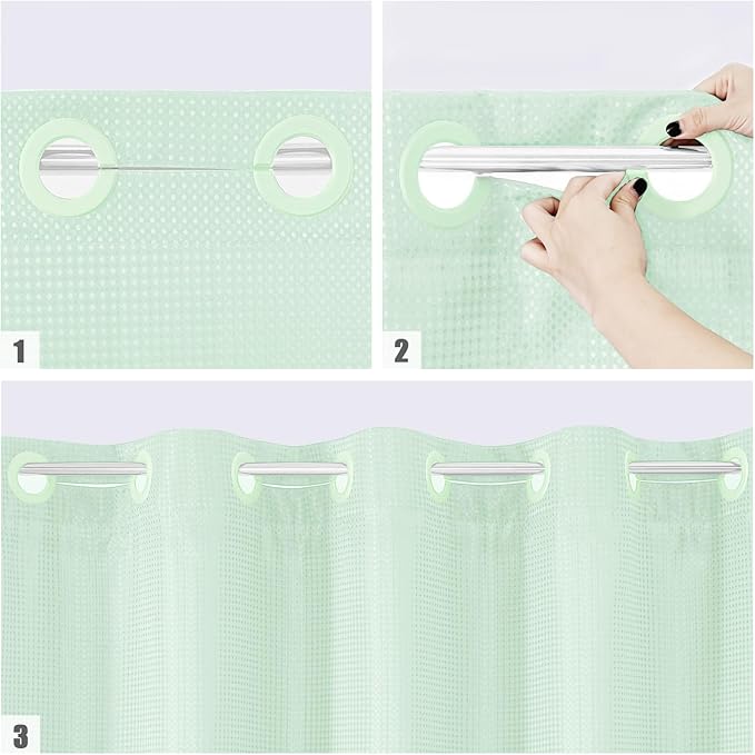 MitoVilla No Hooks Needed Extra Long Shower Curtain Set with Snap-in Liner, Green 86 inch XL Heavyweight Waffle Fabric Cloth Shower Curtains for Modern Luxury Hotel & Spa Bathroom Decor, Mint Green