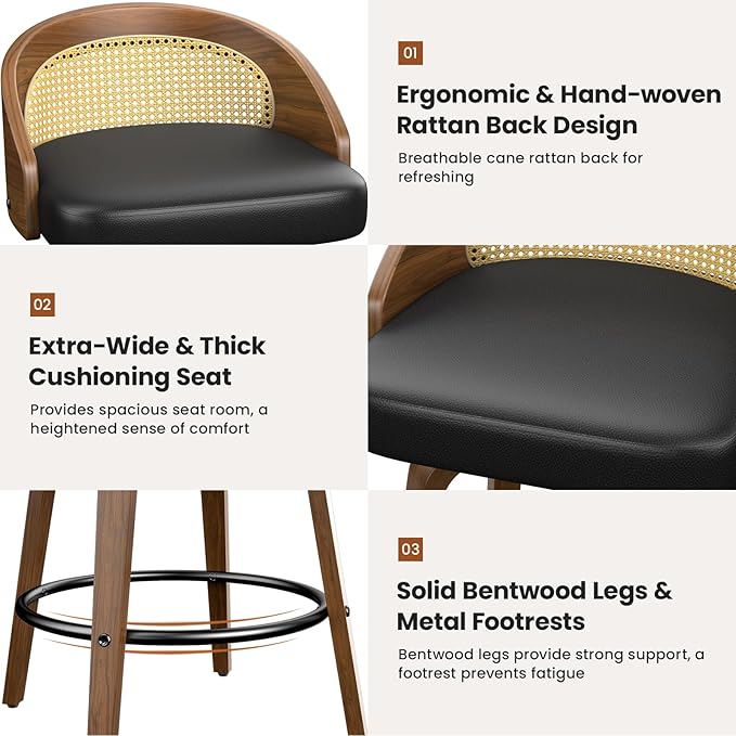 Rattan Bar Stools Set of 3, 26" Swivel Counter Height Bentwood Barstool, Mid-Century Modern PU Leather Upholstered Bar Chair with Back and Footrest, for Kitchen Island, Bar, Dining Room, Cafe