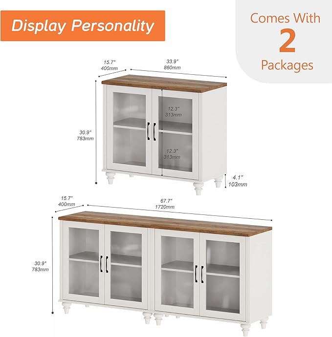 WAMPAT Farmhouse TV Stand for 75 inch TV with 4 Glass Doors, Wood TV Stand with 4 Storage Cabinets, White Entertainment Center TV Console Table for Living Room, Bedroom