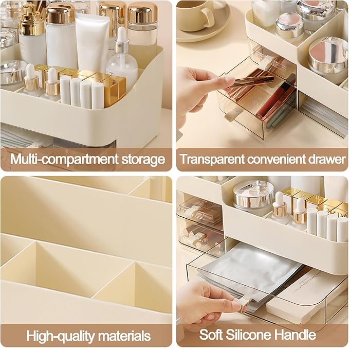 DASITON Makeup Organizer with 3 Drawers,Skincare and Cosmetics Organizer Countertop,Makeup Organizers and Storage with Brush Holder,Large Cosmetic Display Case for Vanity,Desk,Bathroom,Bedroom(Cream)