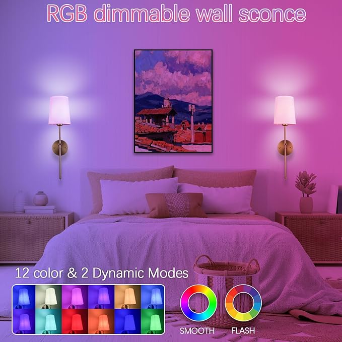 Wall Lights Battery Operated Wall Sconces Set of 2, Gold Rechargeable Wall Sconce with 15 RGB Dimmable Detachable Bulbs and Remote, Wireless Battery Powered Wall Lamp for Living Room Bedroom