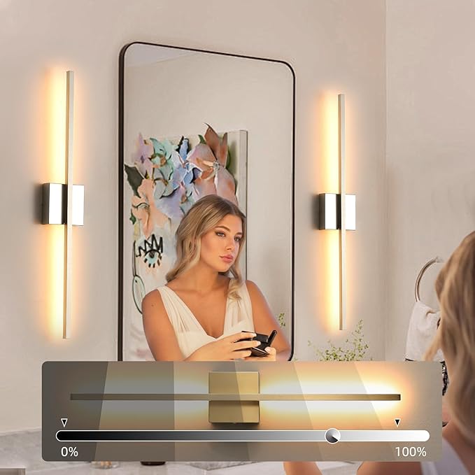 Wall Sconces Set of Two, LED Dimmable Sconces Wall Lighting, Brushed Nickel Modern Wall Sconce Light for Bathroom, Living Room, Bedroom, Hardwired 3000K 28''(2Pack)