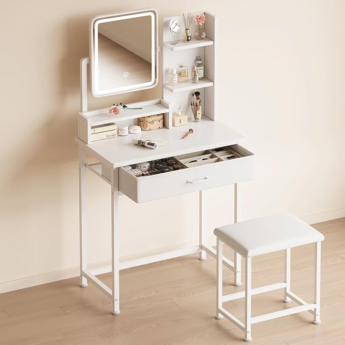 Makeup Vanity Desk with Mirror and Lights, Small Vanity with Fabric Storage Drawer & Chair & Shelves, White Compact Makeup Vanity Set for Bedroom