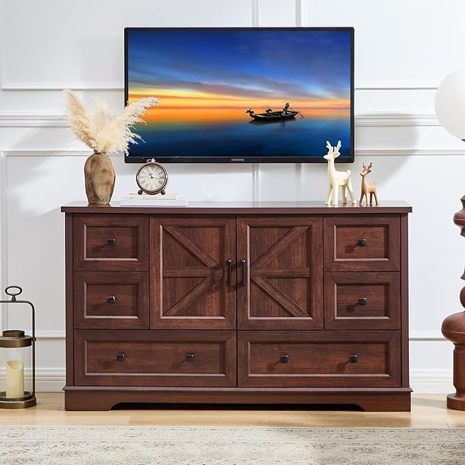 LIDYUK 6 Drawer Cherry Wood Dresser for Bedroom Farmhouse Dresser Chest of Drawers, 55" Wide Clothes Organizer with Storage Cabinet Wood Chest of Drawers for Bedroom, Living Room