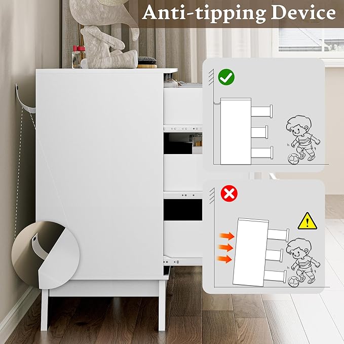 Fluted Dresser for Bedroom with 7 Drawer, Mid Century Modern Chest of Drawers, 48" Wide Natural Wood Dresser for Closet, Wooden Boho Chest Closet Storage TV Stand for Bedroom, White