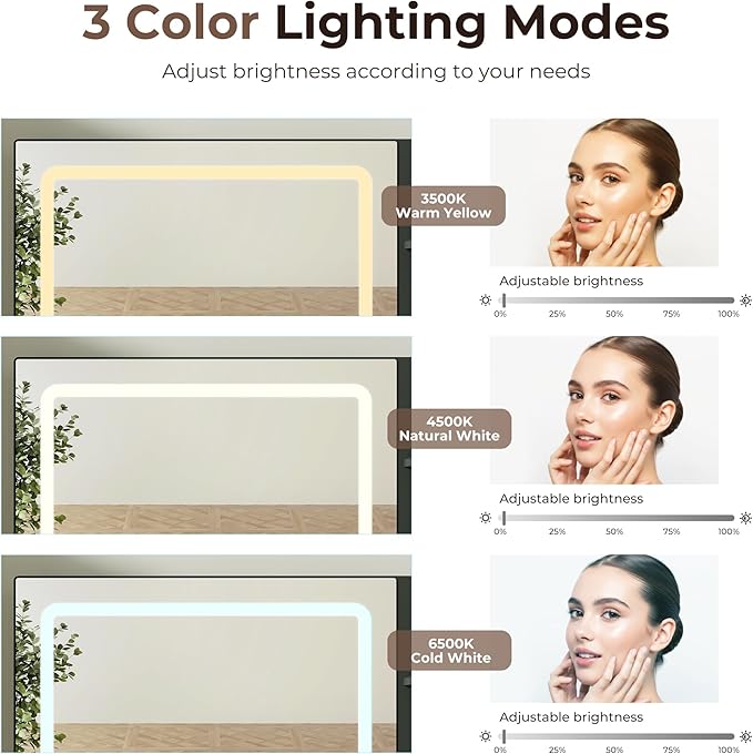 Vanity Desk with Mirror and Lights, Fluted Makeup Vanity with Glass top, 48" Big Modern Vanity with 5 Drawers & Glass Cabinet, Wood Vanity with 3 Lighting Modes for Bedroom, Natural