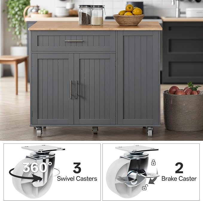 Kitchen Island with Storage & Drop Leaf - 43.3" Mobile Kitchen Cart with Wheels, Rolling Kitchen Island with Trash Bin Cabinet & Towel Rack, Rubberwood Top, Grey Island for Kitchen