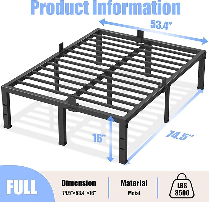 Full Size Bed Frame 16 inch High 3500 lbs Heavy Duty Metal Platform Mattress Foundation with Steel Slat Support/No Box Spring Needed/Noise Free/Non-Slip/Easy Assembly
