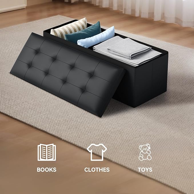 Storage Ottoman Bench, 43 Inch Ottoman Foot Rest, End of Bed Bench, Storage Chest, Load 700 lb, for Living Room, Bedroom, Entryway, Black